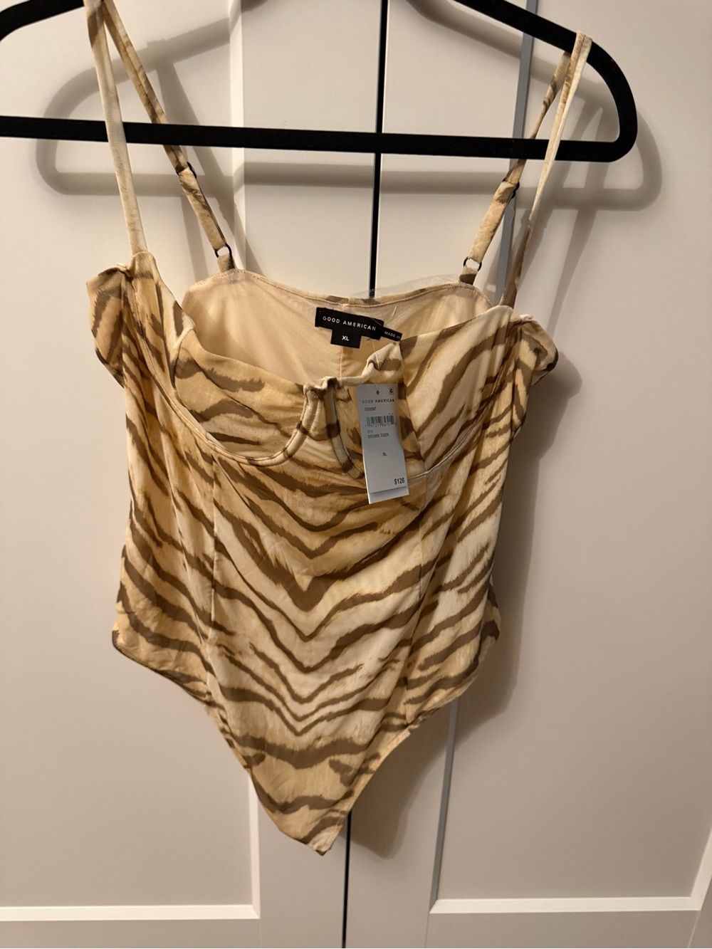 Good American Beige and Brown Zebra-Print Bandeau Bodysuit